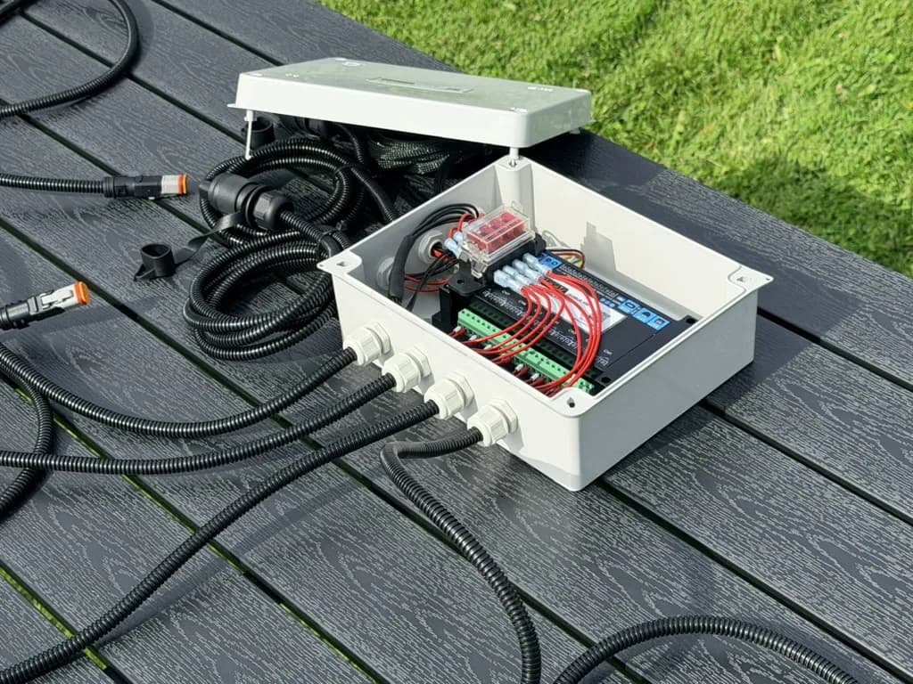The 8-channel build's box open on a garden table, conduit-sleeved cables running out through the glands