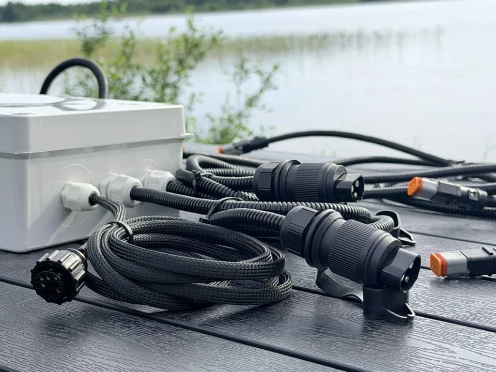 The build's harnesses coiled on a table, ending in weatherproof connectors and a round in-cab ISOBUS plug