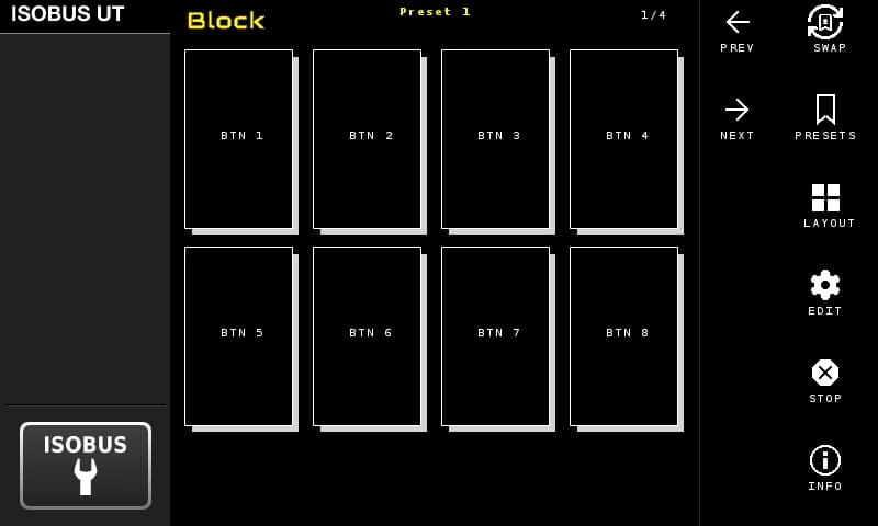 The ISOBUS Block dashboard in the 4x2 layout showing page 1 of 4, buttons 1 to 8, with previous and next buttons