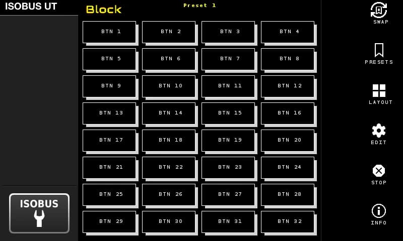 The ISOBUS Block dashboard on a tractor's Virtual Terminal in the ALL 32 layout, with all 32 buttons on one page