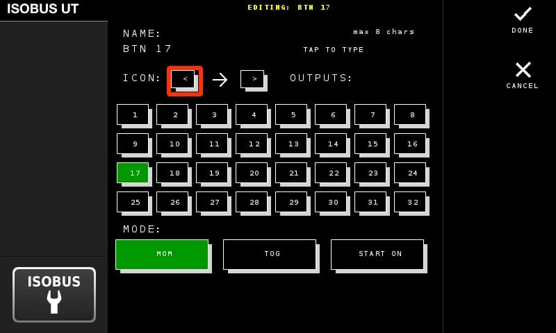The button editor on the tractor screen: name field, icon picker, an output grid numbered 1 to 32, and the momentary, toggle and start-on modes