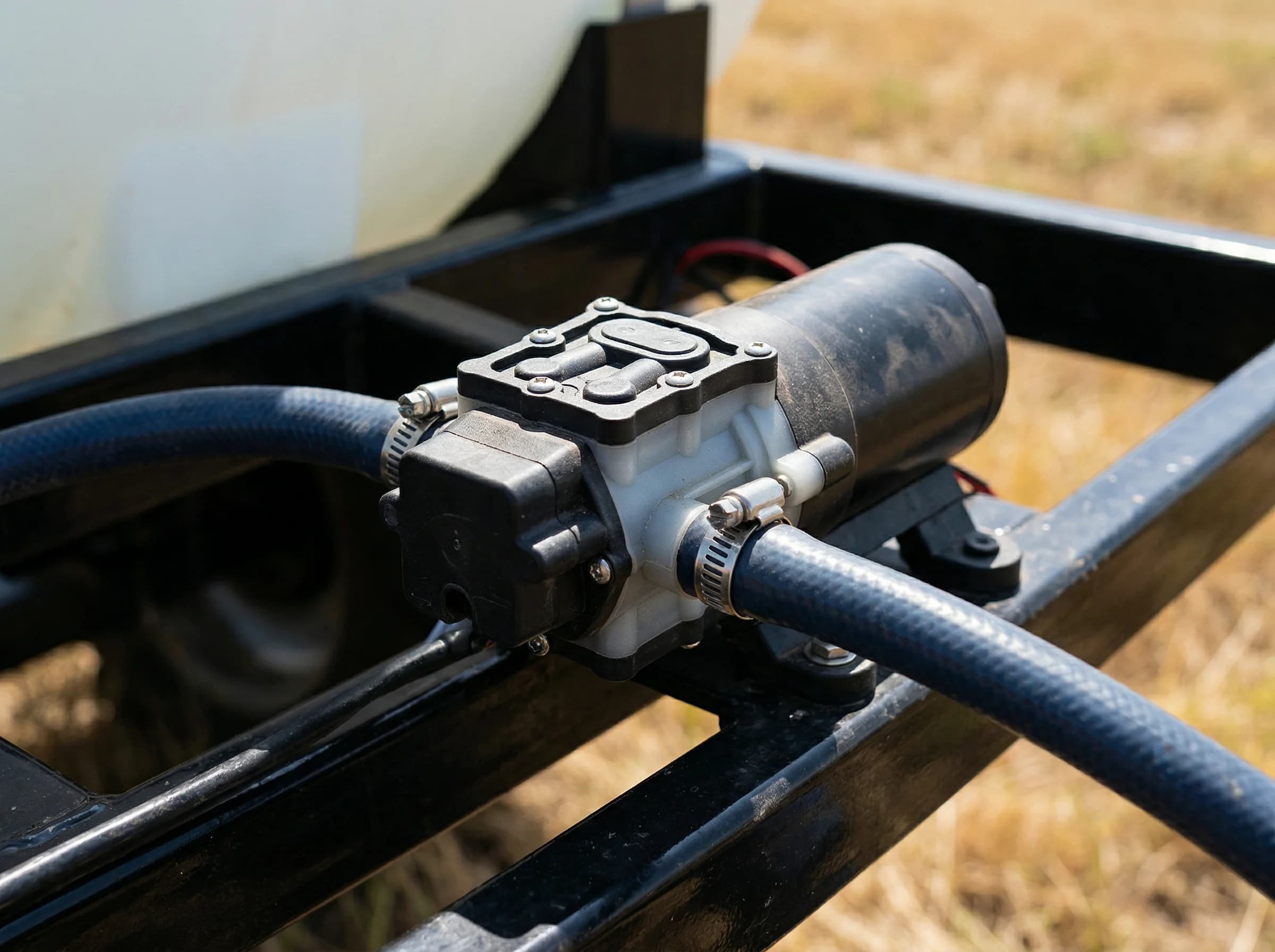 12V DC diaphragm pump with hose clamps mounted on an agricultural equipment frame