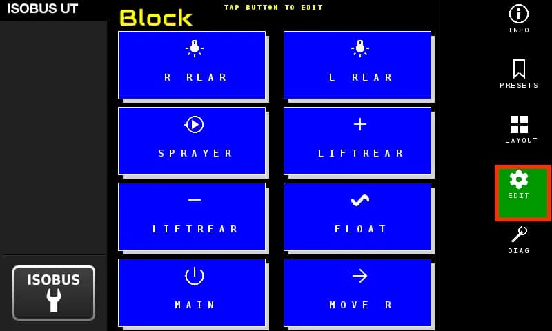 ISOBUS Block edit mode β all buttons highlighted blue, tap to edit