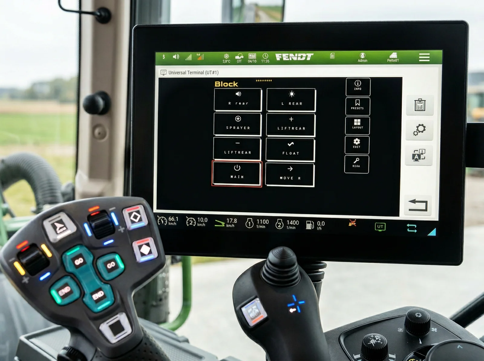 Fendt 1000-series cabin with the Variotronic terminal running the ISOBUS Block dashboard, alongside the armrest joystick and AUX-N control panel