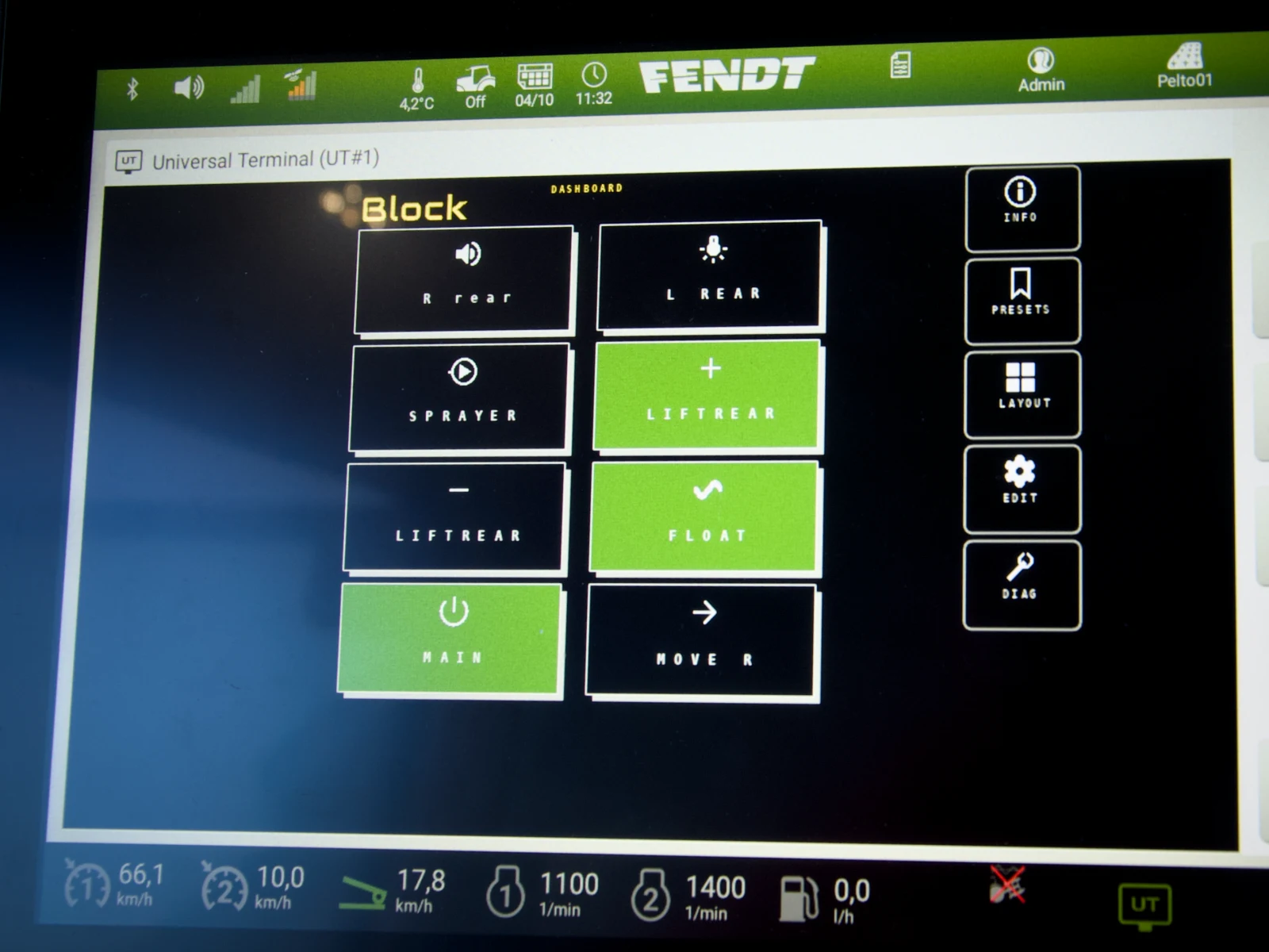 Fendt Variotronic terminal showing the ISOBUS Block dashboard with LIFTREAR, FLOAT and MAIN channels lit green