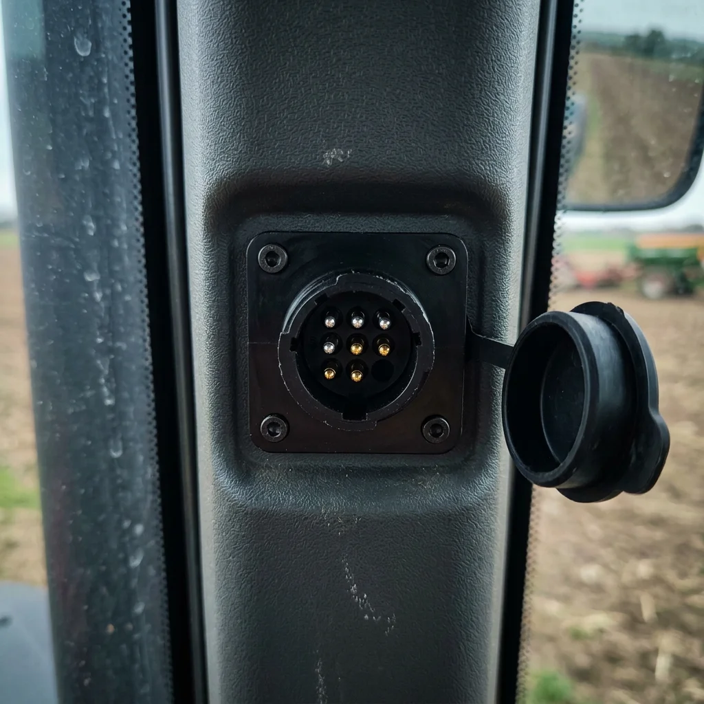 9-pin ISOBUS in-cab socket recessed into a tractor cab pillar, with the rubber dust cap hanging open beside it