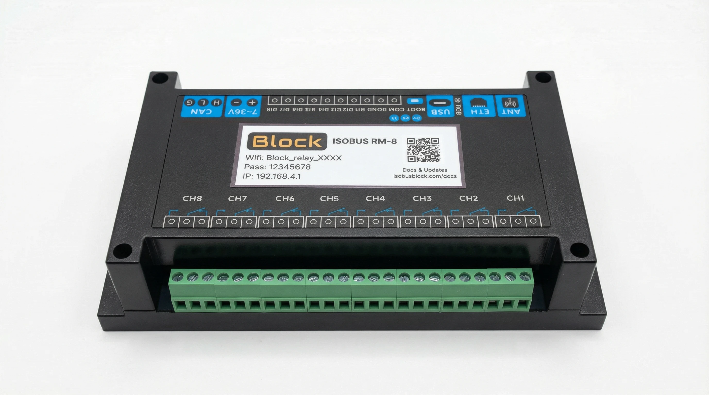 ISOBUS Block RM-8 photographed from the relay output side, with the CH1–CH8 terminal block running across the bottom