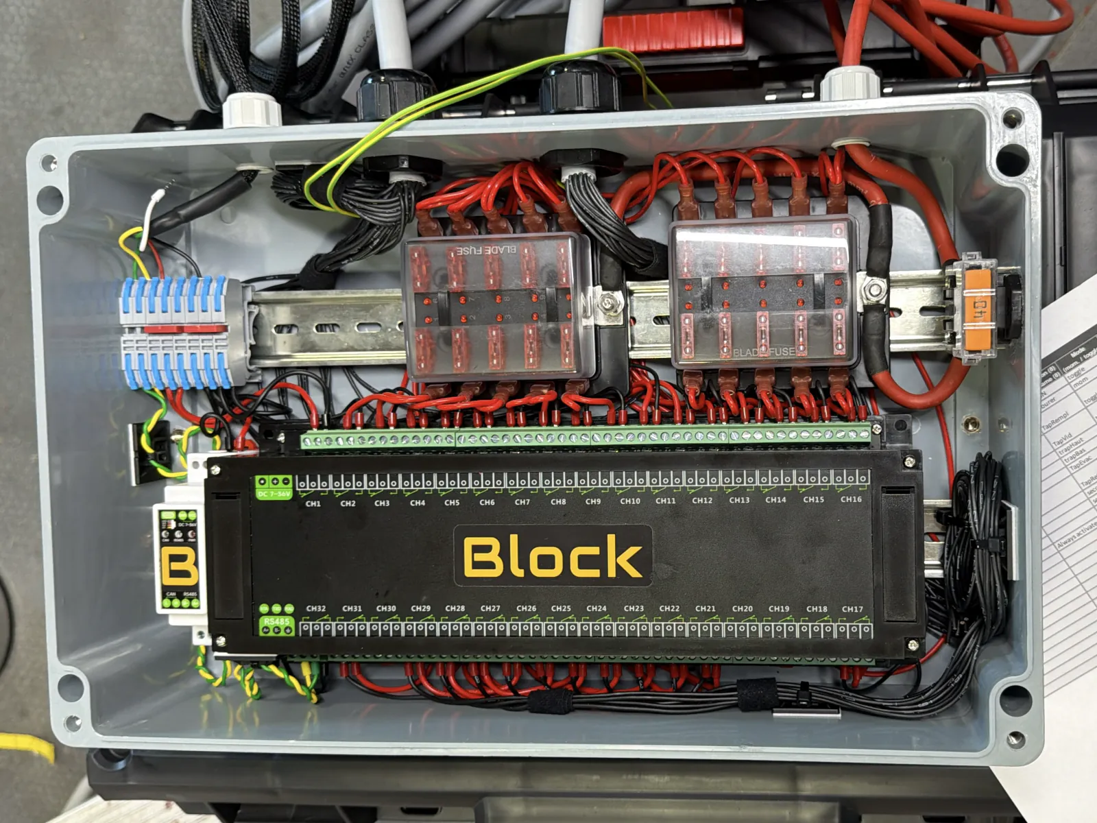 Close view of a customer's 32-channel ISOBUS Block panel in a customer-supplied weatherproof enclosure on the implement