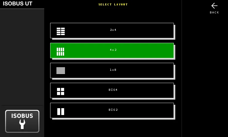 ISOBUS Block button layouts menu on the Virtual Terminal โ operator picks a 2ร4 or 4ร2 grid for the eight channel tiles