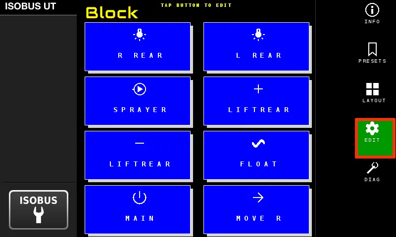 ISOBUS Block edit mode on the Virtual Terminal โ every channel tile highlighted blue, waiting for the operator to pick one to edit
