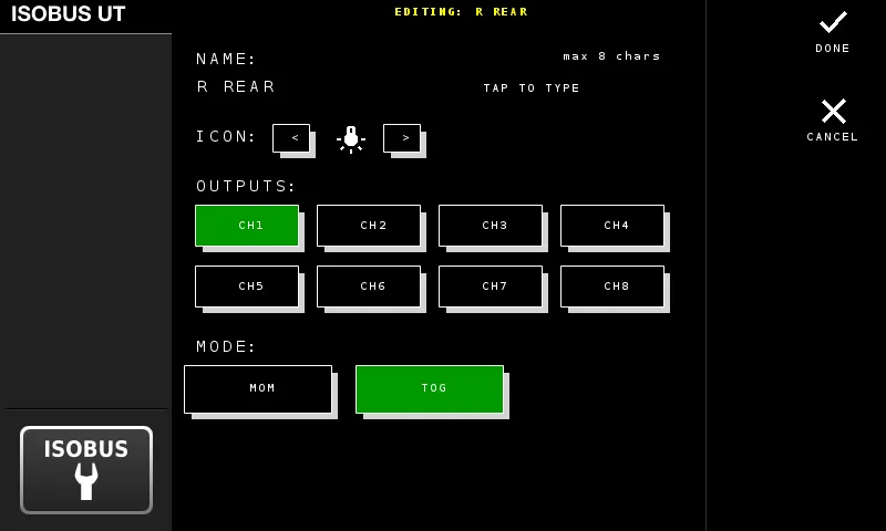 ISOBUS Block button editor for the R REAR tile with the icon picker, CH1 selected as the output and TOG mode chosen