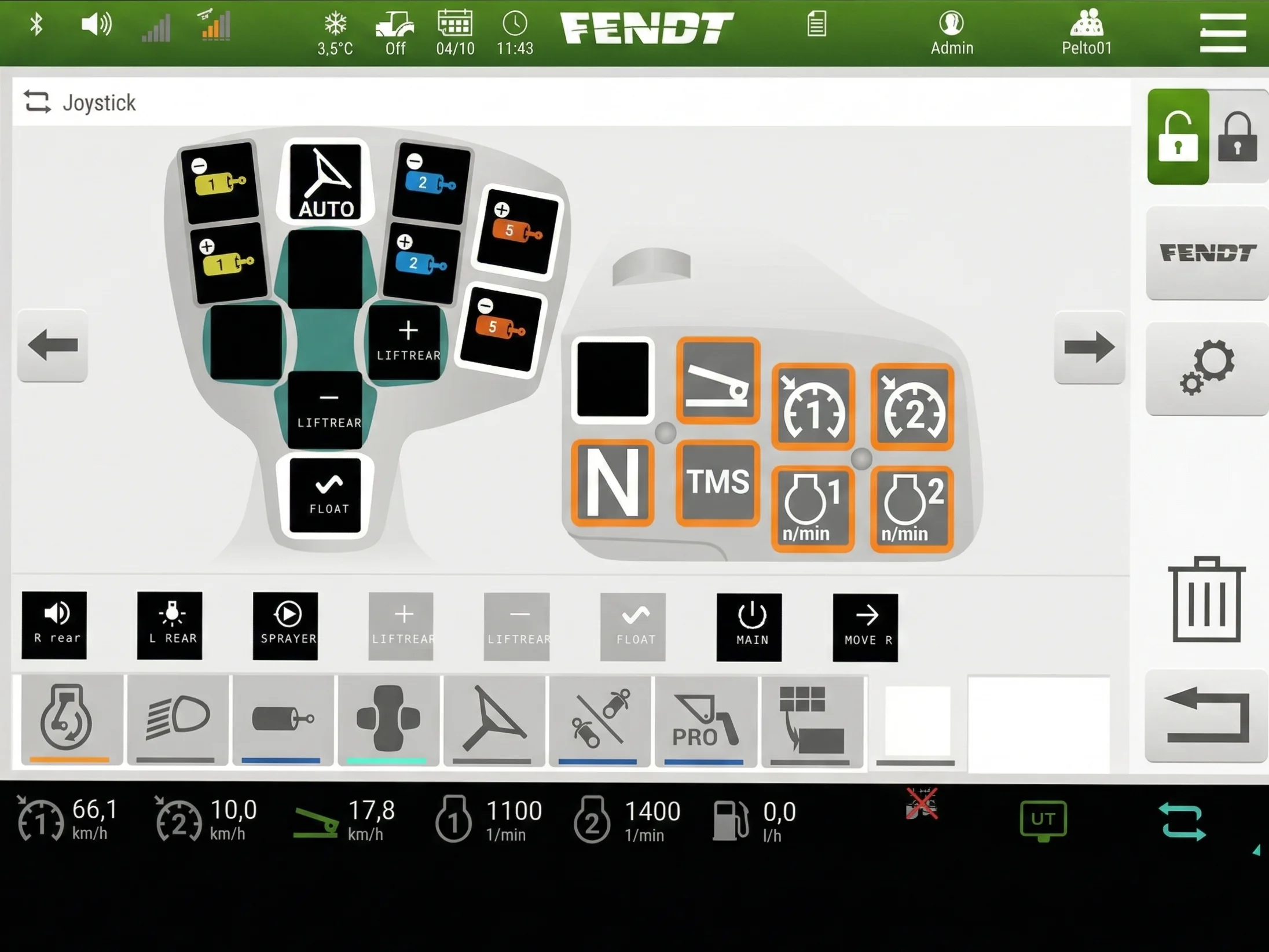 Fendt armrest with ISOBUS Block functions assigned to joystick and hard-key buttons โ every relevant button labelled with its AUX-N function