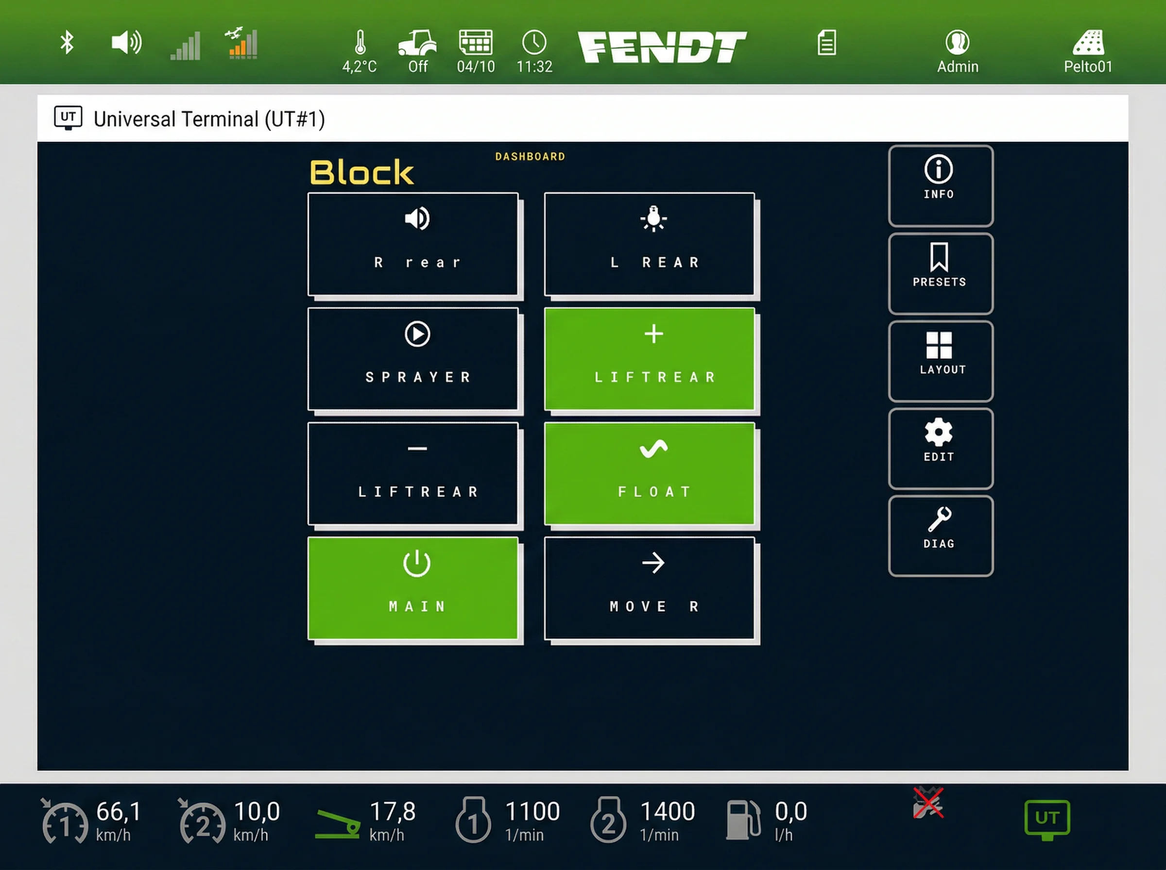 Fendt Virtual Terminal screen running ISOBUS Block with eight named channel buttons ready to switch implement functions