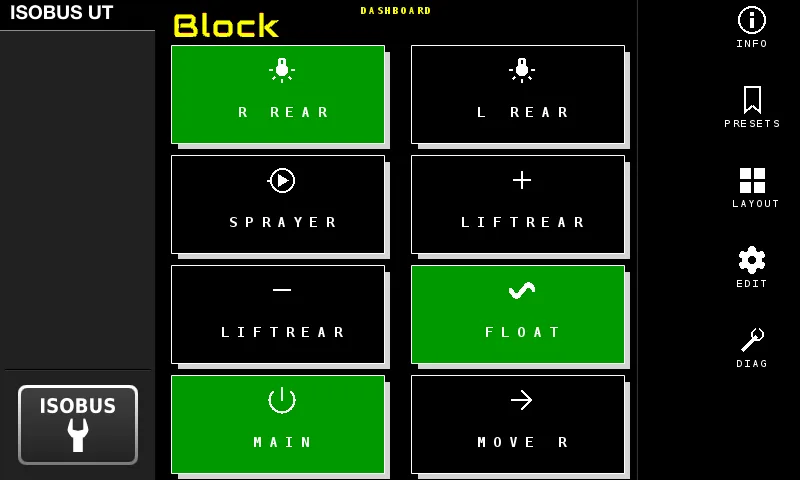 ISOBUS Block dashboard with three channel buttons (R REAR, FLOAT, MAIN) lit green to show simultaneous activation