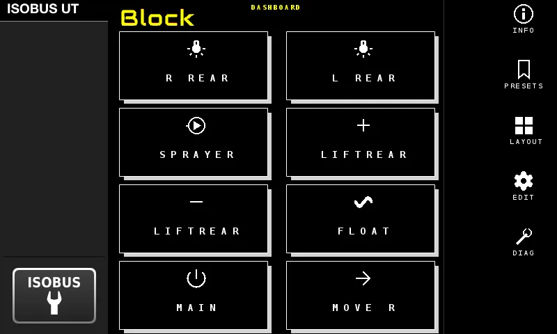 ISOBUS Block Virtual Terminal dashboard with eight named channel buttons in a 2Ă—4 layout, idle