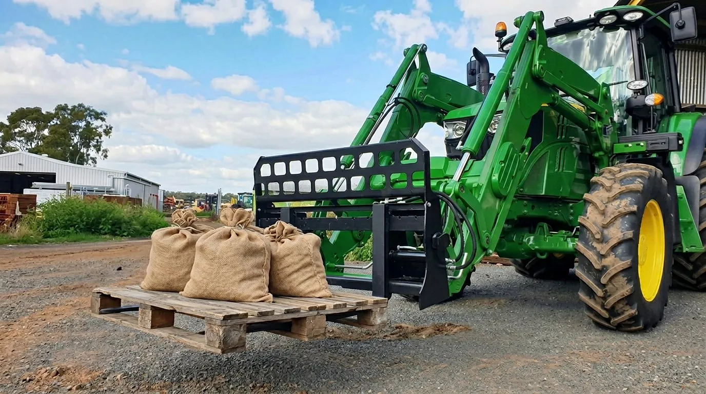 Tractor with a front loader carrying a pallet of hessian sacks across a farm yard