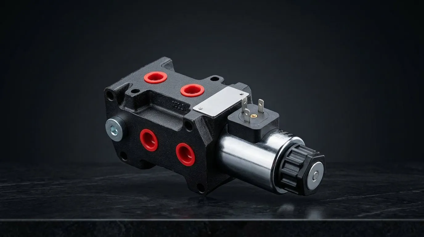 Studio render of a hydraulic diverter valve with four red port plugs and a chrome solenoid coil mounted on the right